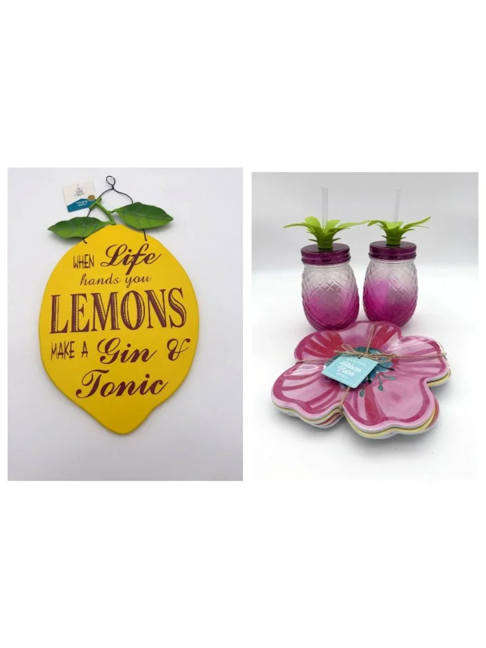 Lot of Summer Dining Lemon Sign Sur La Table Hibiscus Plates Pineapple Jars NWT